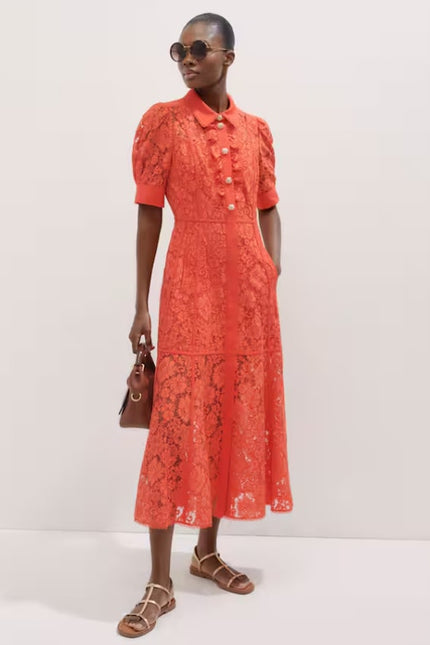 ME+EM Guipure Lace Ruffle Maxi Dress Papaya Orange Short Sleeve Women's 8
