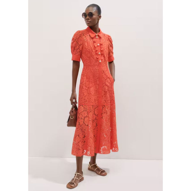 ME+EM Guipure Lace Ruffle Maxi Dress Papaya Orange Short Sleeve Women's 8