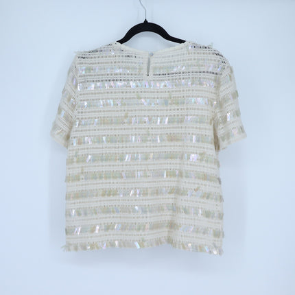 J. Crew Sequin Open Knit Top Cream NWT Round Neck Short Sleeve Women's S