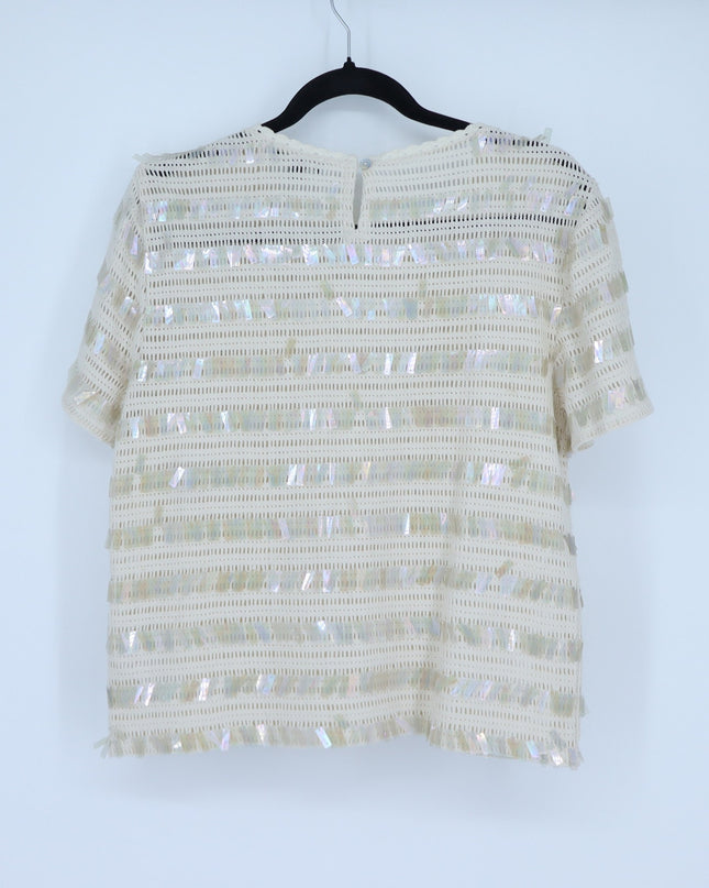 J. Crew Sequin Open Knit Top Cream NWT Round Neck Short Sleeve Women's S