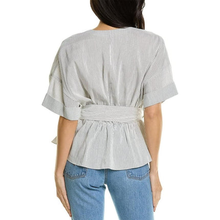 Vince Self Tie V Neck Blouse White Gray Striped Cuffed Sleeve Women's L