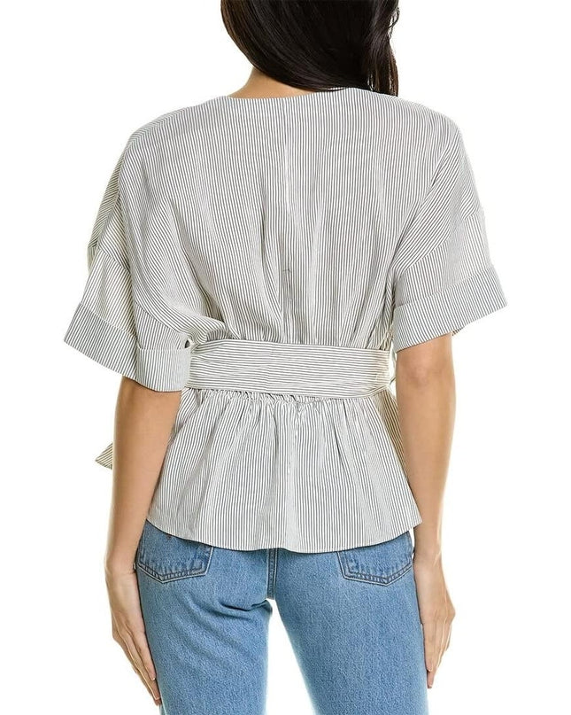 Vince Self Tie V Neck Blouse White Gray Striped Cuffed Sleeve Women's L