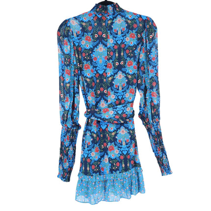 FARM RIO Blue Arabesque Dress NWT Floral High Neck Long Sleeve Women's XXS