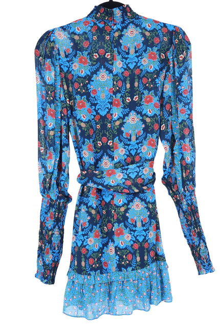 FARM RIO Blue Arabesque Dress NWT Floral High Neck Long Sleeve Women's XXS