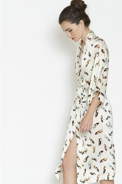 RECLINER Silk Lipstick Print Robe Midi Ivory Loungewear Luxury Satin Women's S