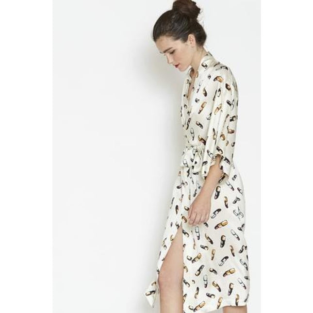RECLINER Silk Lipstick Print Robe Midi Ivory Loungewear Luxury Satin Women's S
