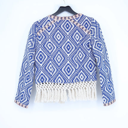 Tularosa Santa Fe Fringe Jacket Blue Ikat Print Open Long Sleeve Women's XS