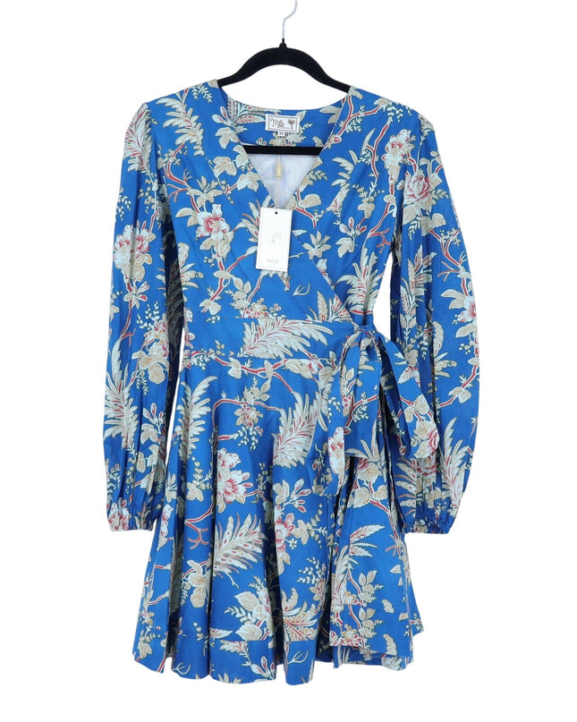 Mille Nan Wrap Dress Blue Floral Cotton Balloon Sleeve Mini Women's XS