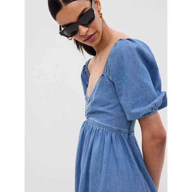 Gap Puff Sleeve Denim Mini Dress Washwell Blue NWT Chambray Women's XSP