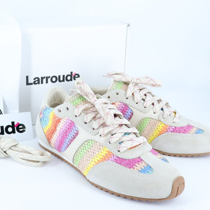 Larroude Stella Sneakers NIB Rainbow Raffia Mushroom Grey Suede Women's 7