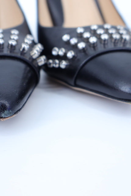 MARION PARKE CZ Studded Pumps Black Leather Pointed Toe Heel Women's 38.5/US 8.5