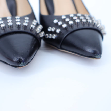 MARION PARKE CZ Studded Pumps Black Leather Pointed Toe Heel Women's 38.5/US 8.5