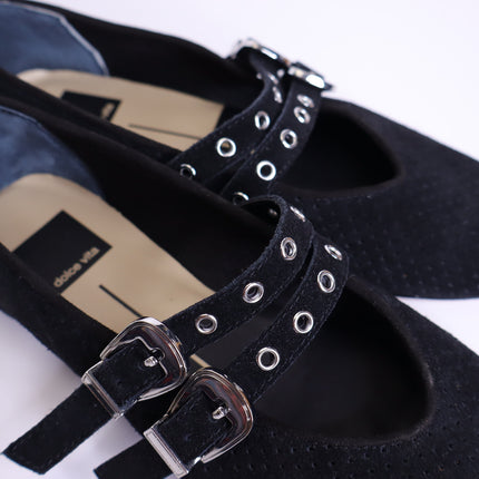 DOLCE VITA Baylee Grommet Mary Jane Flats Onyx Black Perforated Suede Women's 6