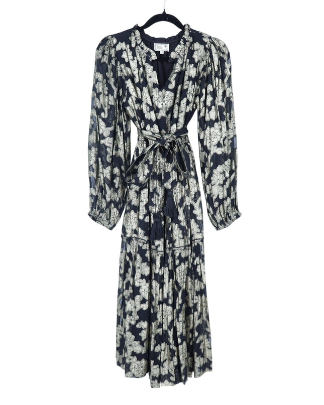 Mille Marlo Dress Black Gold Metallic Jacquard Belted Long Sleeve Women's XXS