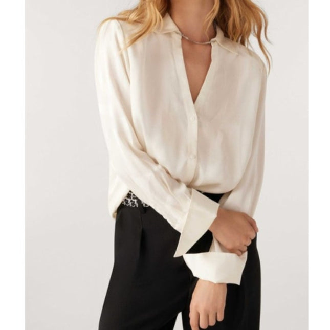 BA&SH Betsey Chain Trim Shirt Ecru White Neck Button Up Blouse Women's 3/US L