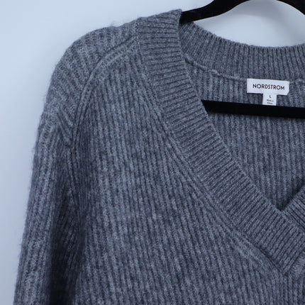 Nordstrom V-Neck Ribbed Pullover Sweater Gray Long Sleeve Women's L