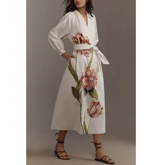 ANTHROPOLOGIE Belted V-Neck Midi Dress White Floral NWT Long Sleeve Women's XS