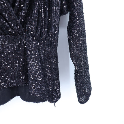 ZARA Draped Sequin Blouse Black Surplice V-Neckline Long Sleeve Women's S