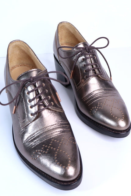 THE OFFICE OF ANGELA SCOTT Miss Button Metallic Heel Loafers Bronze Women's 35.5