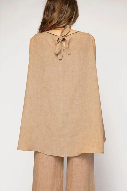 FABIANA FILIPPI Linen Tunic Top Fieno Brown Tie Up Back Sleeveless Women's 12/XL