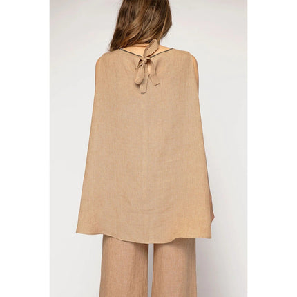 FABIANA FILIPPI Linen Tunic Top Fieno Brown Tie Up Back Sleeveless Women's 12/XL