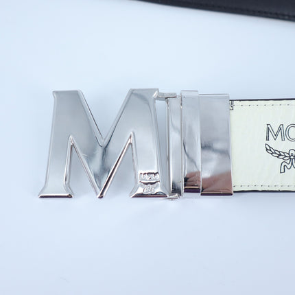 MCM Claus M Reversible Belt In Visetos White Gold Logo Print Men's S