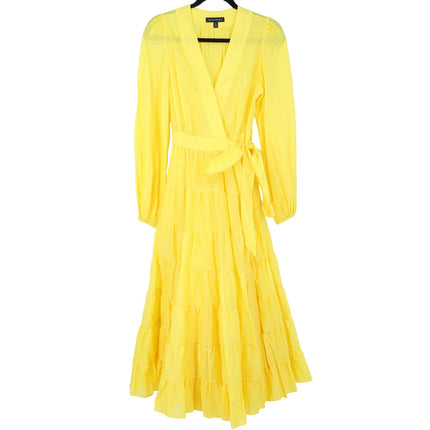 BANANA REPUBLIC Stampa Wrap Dress Yellow Tiered Skirt Long Sleeve Women's XS