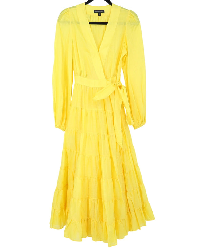 BANANA REPUBLIC Stampa Wrap Dress Yellow Tiered Skirt Long Sleeve Women's XS