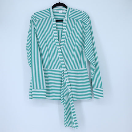 Veronica Beard Claude Button Up Blouse Green White Stripe Asymmetric Women's L