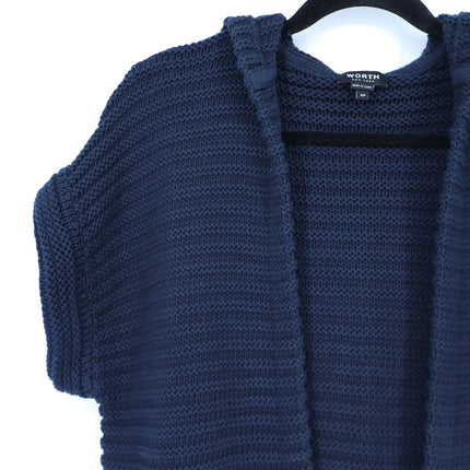 Worth New York Ribbed Open Cardigan Navy Blue Hooded Short Sleeve Women's XSP