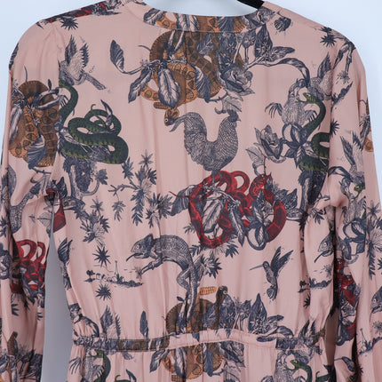 Scotch & Soda Printed Silk Midi Dress Pink Waist Tie Long Sleeve Women's XS