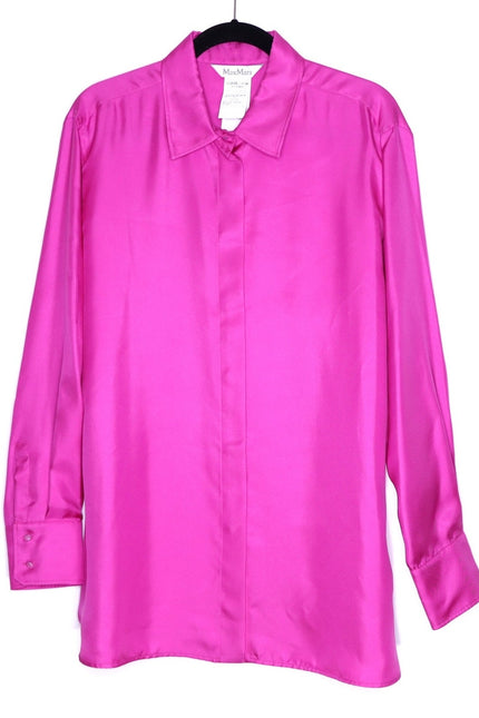 MAX MARA Silk Satin Button Down Shirt Fuchsia Pink Long Sleeve Blouse Women's 16
