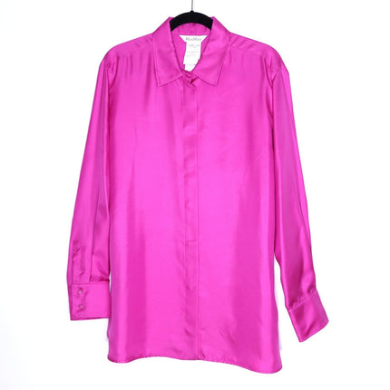 MAX MARA Silk Satin Button Down Shirt Fuchsia Pink Long Sleeve Blouse Women's 16