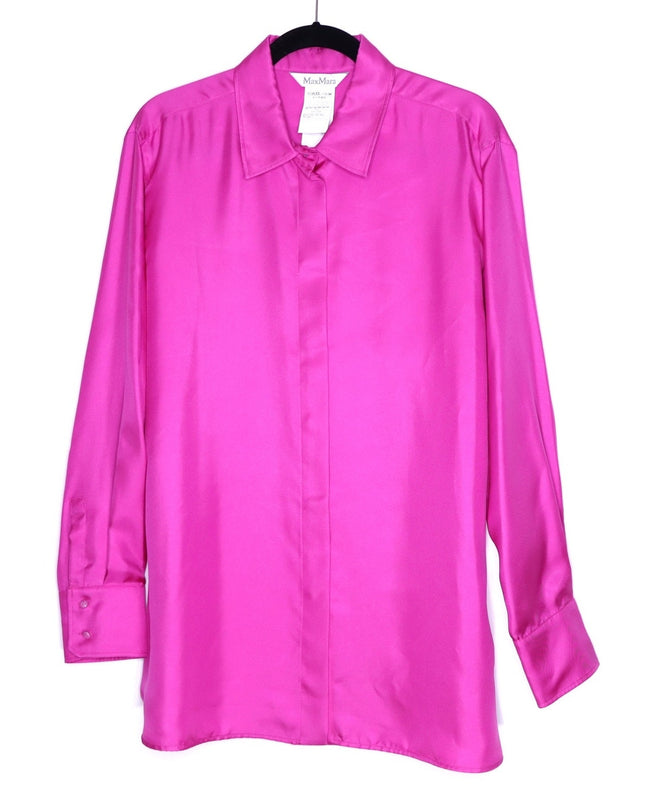 MAX MARA Silk Satin Button Down Shirt Fuchsia Pink Long Sleeve Blouse Women's 16
