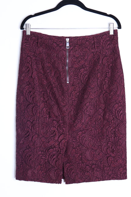 BURBERRY Lace Overlay Pencil Skirt Burgundy Knee Length Lined Women's 10