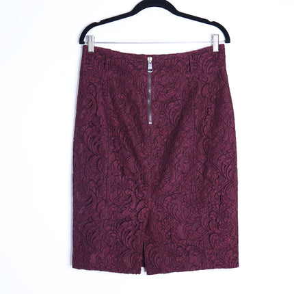 BURBERRY Lace Overlay Pencil Skirt Burgundy Knee Length Lined Women's 10