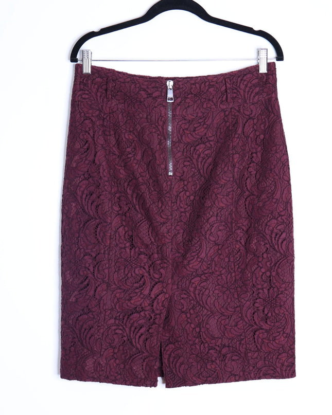 BURBERRY Lace Overlay Pencil Skirt Burgundy Knee Length Lined Women's 10