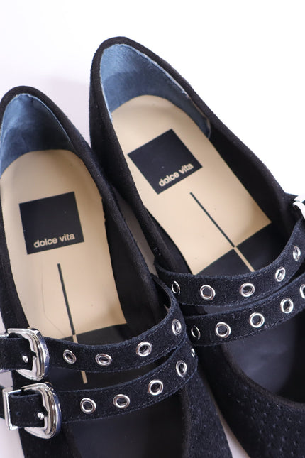 DOLCE VITA Baylee Grommet Mary Jane Flats Onyx Black Perforated Suede Women's 6