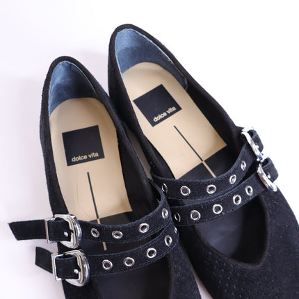 DOLCE VITA Baylee Grommet Mary Jane Flats Onyx Black Perforated Suede Women's 6