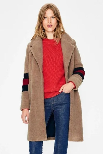 BODEN Hereford Teddy Bear Coat Tan Long Sleeve Elbow Stripes Women's 2