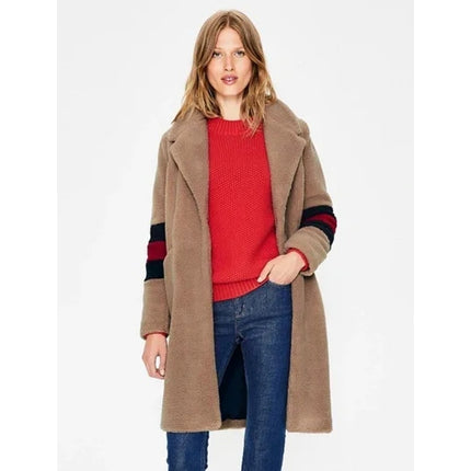 BODEN Hereford Teddy Bear Coat Tan Long Sleeve Elbow Stripes Women's 2