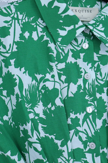 EXQUISE Green Tobie Blouse Short Sleeve Pleated Button Front Women's S