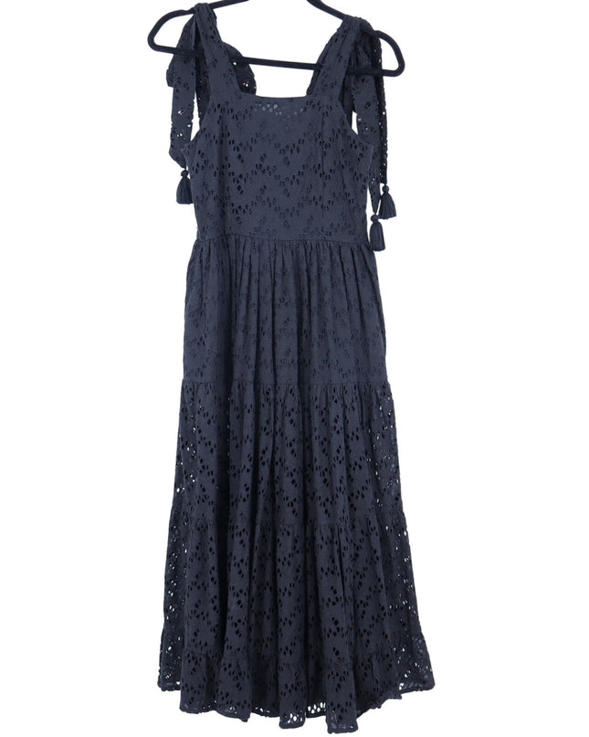 Mille Floral Eyelet Maxi Dress Black NWT Cotton Tasseled Tie Strap Women's XXS