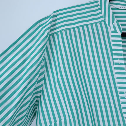 Veronica Beard Claude Button Up Blouse Green White Stripe Asymmetric Women's L