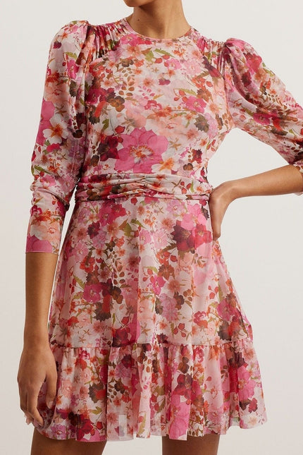 TED BAKER NWT Mildrd Mesh Mini Dress Pink Ruffle Shoulder Gathers Women's 0