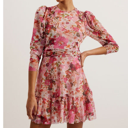 TED BAKER Mildrd Mesh Mini Dress NWT Pink Ruffle Shoulder Gathers Women's 0
