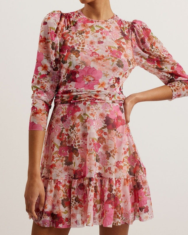 TED BAKER Mildrd Mesh Mini Dress NWT Pink Ruffle Shoulder Gathers Women's 0