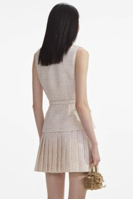 SELF-PORTRAIT Cream Metallic Bouclé Mini Dress Sleeveless Belted Women's 10