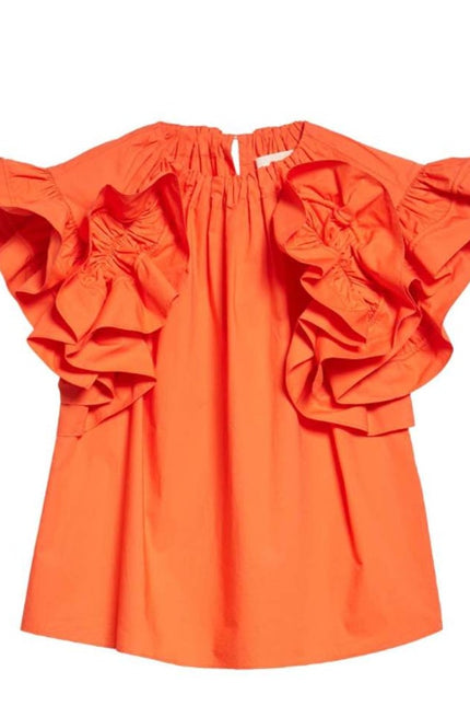 ULLA JOHNSON Elora Popover Blouse Coral Poplin Ruffle Sleeve Women's 2