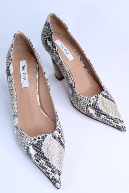THE FOLD Milano Snake Embossed Leather Heels Beige Pointed Toe Women's 36/US 5